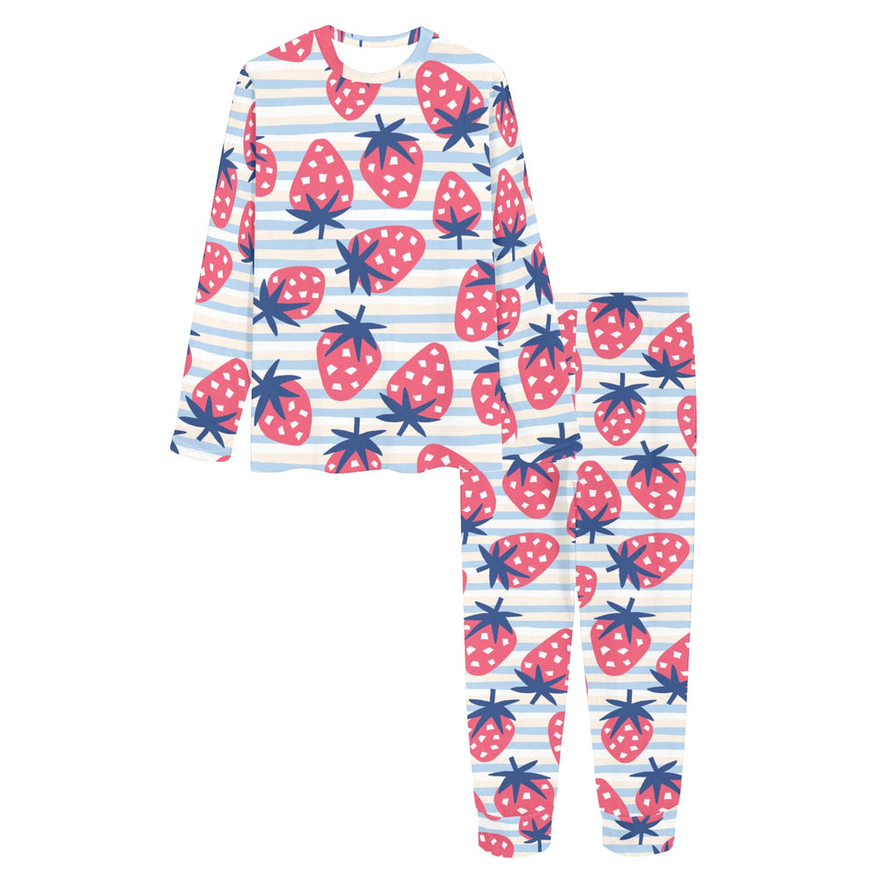 Strawberry pattern blue lines background Women's All Over Print Pajama Set