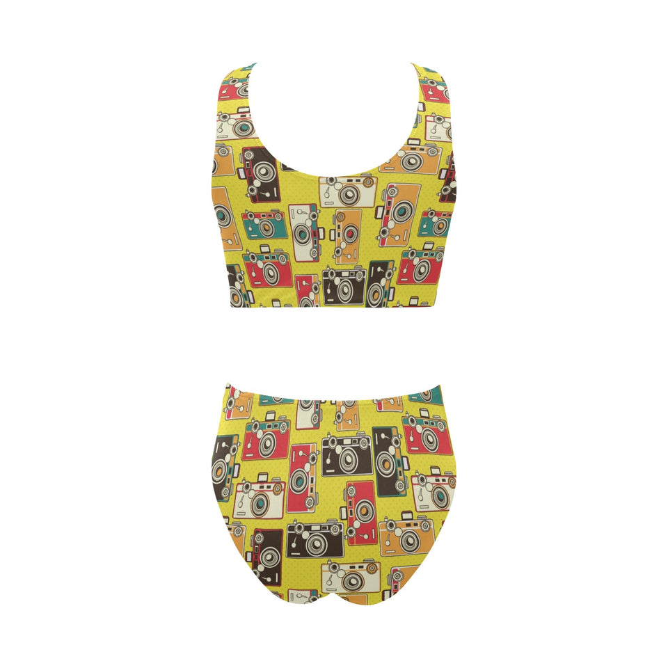 Camera Pattern Print Design 02 Chest Bowknot High Waisted Bikini Swimsuit