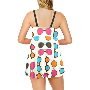 Sun Glasses Pattern Print Design 03 Chest Sexy Pleated Two Piece Swim Dress