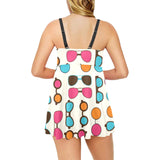 Sun Glasses Pattern Print Design 03 Chest Sexy Pleated Two Piece Swim Dress