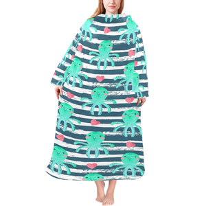 Cute octopuses heart striped background Blanket Robe with Sleeves