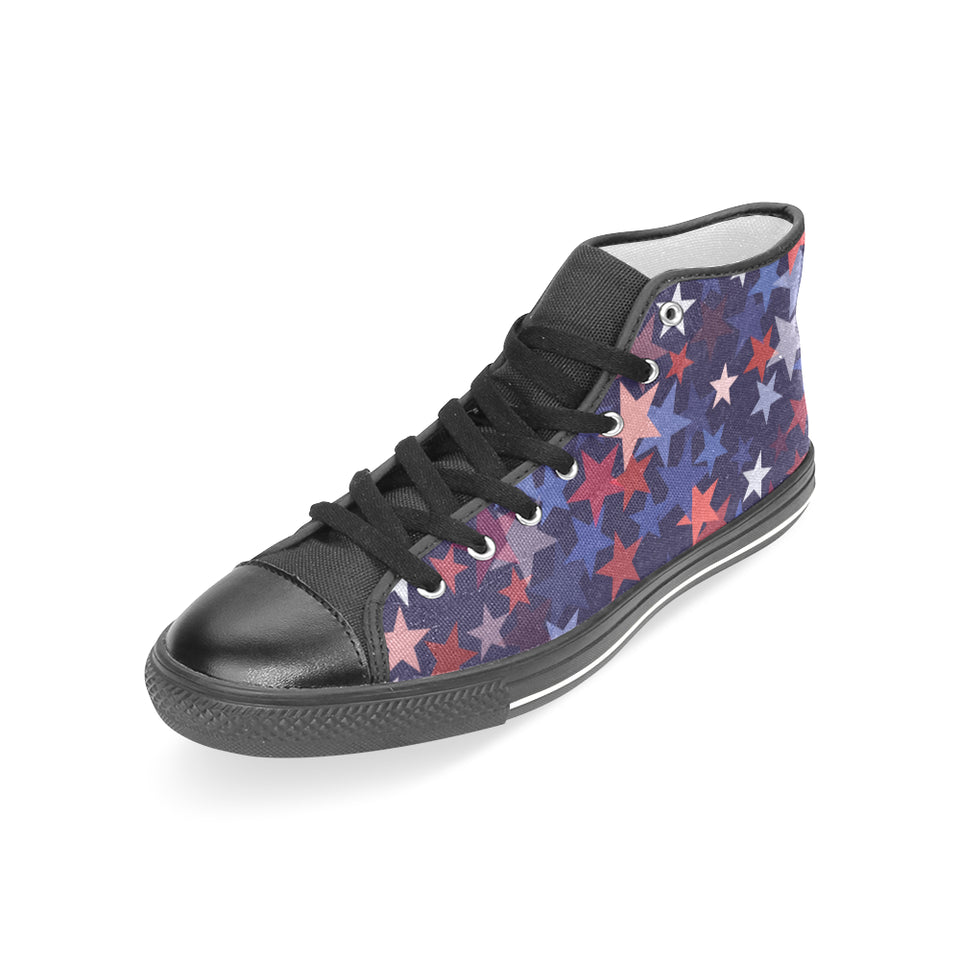 Red blue star pattern Women's High Top Canvas Shoes Black