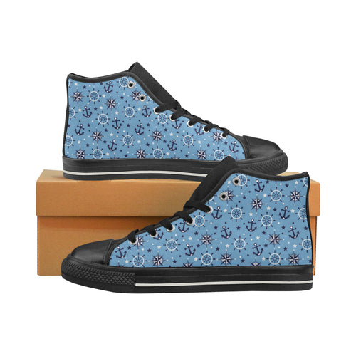 Anchors rudder compass star nautical pattern Men's High Top Canvas Shoes Black