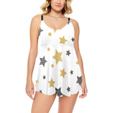 hand drawn gold black star pattern Chest Sexy Pleated Two Piece Swim Dress