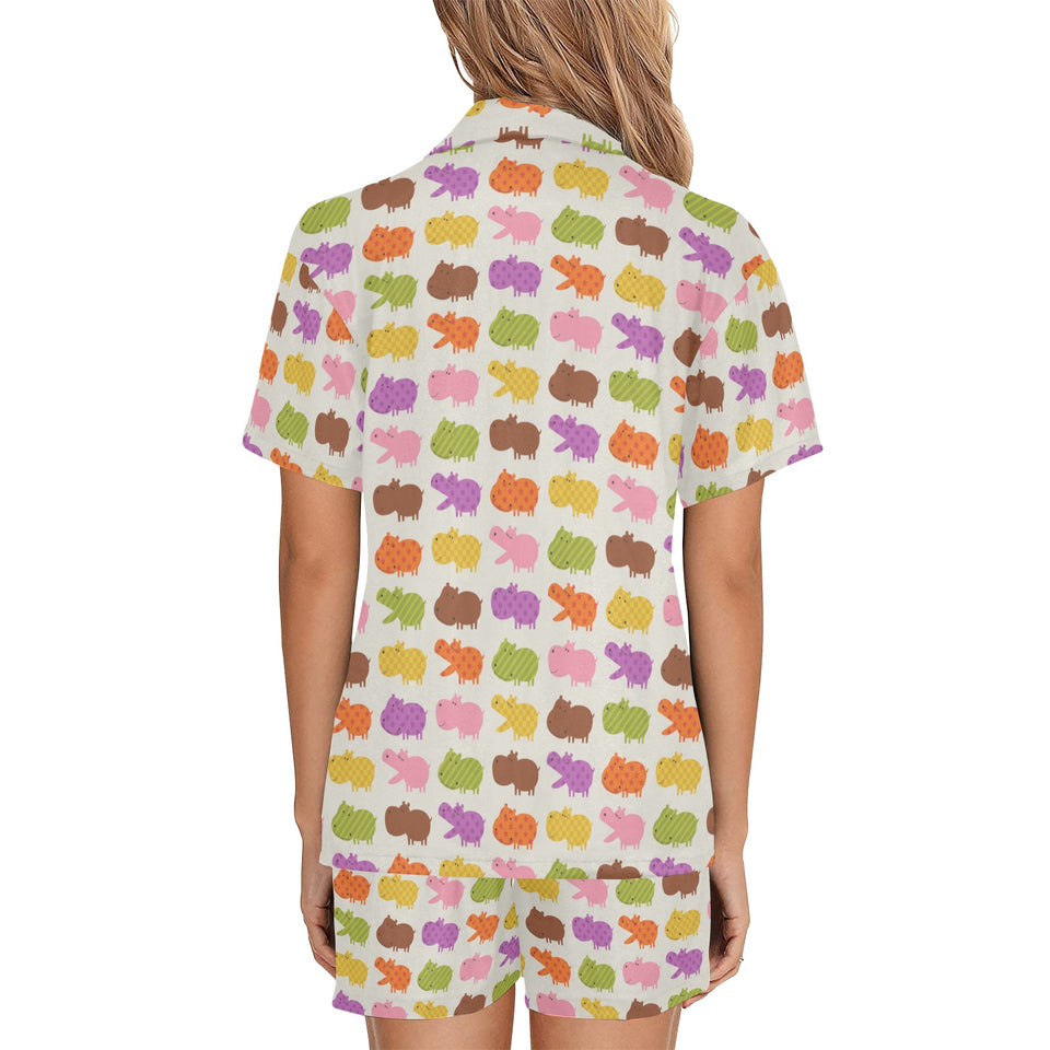 Hippopotamus Pattern Print Design 01 Women's V-Neck Short Pajama Set