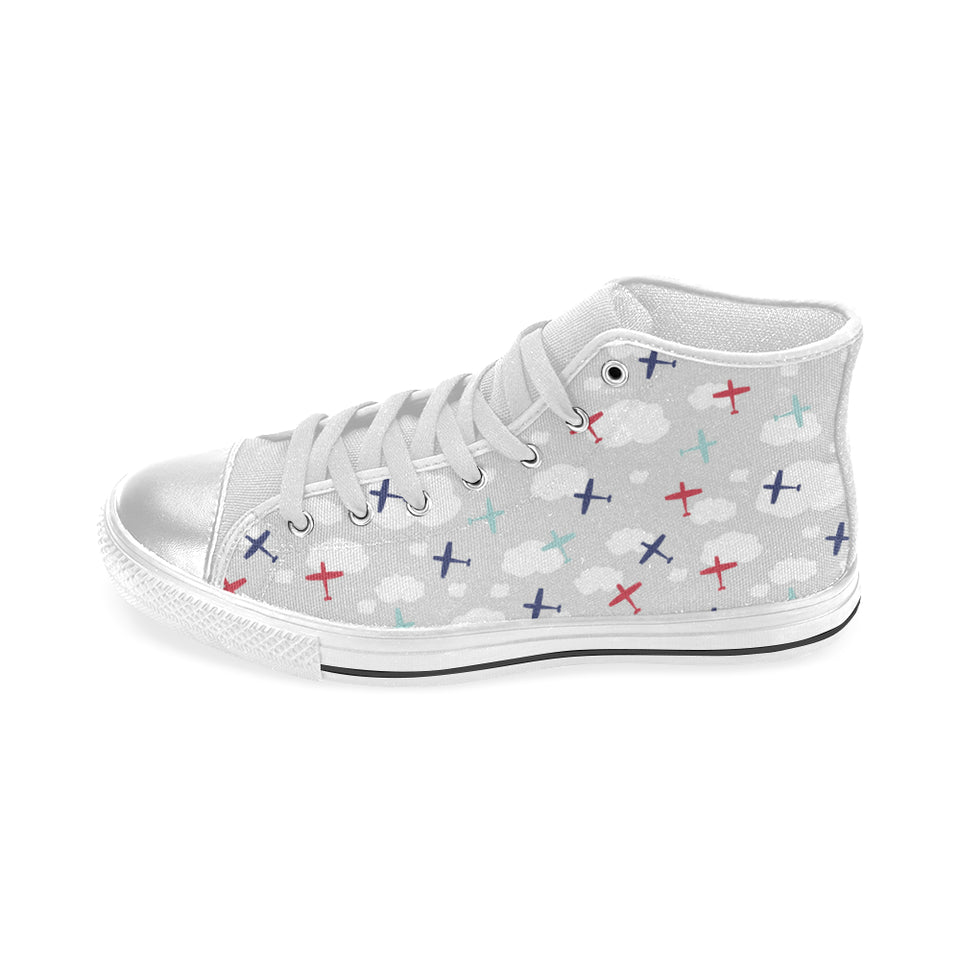 Airplane cloud grey background Women's High Top Canvas Shoes White