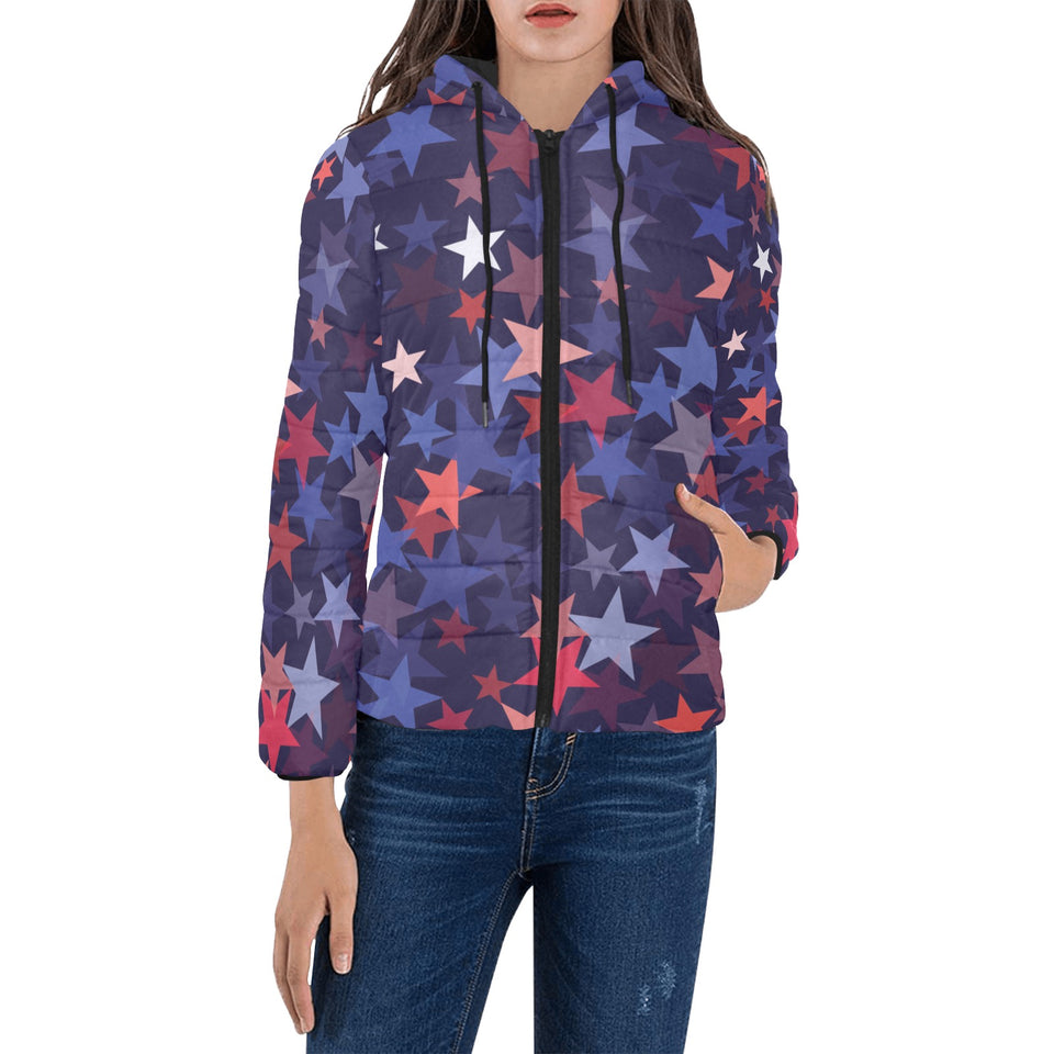 Red blue star pattern Women's Padded Hooded Jacket