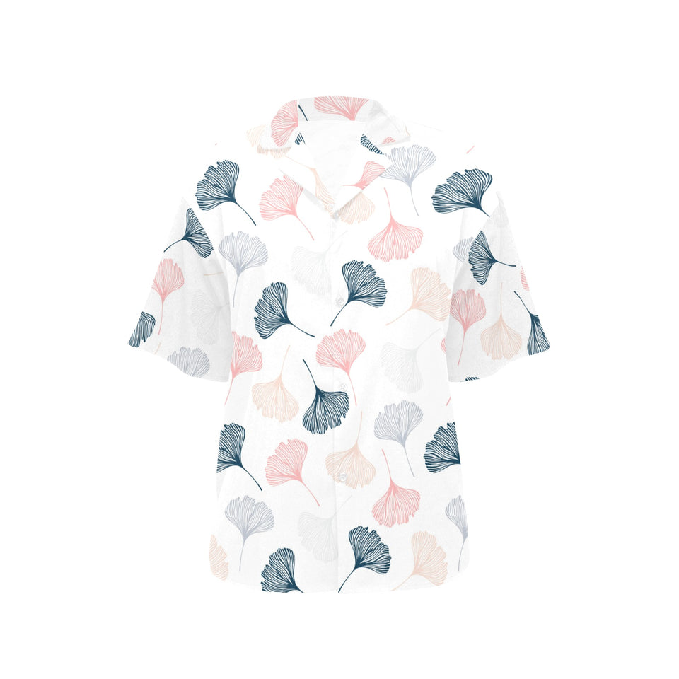 Black Gray Cream coral ginkgo leaves pattern Women's All Over Print Hawaiian Shirt
