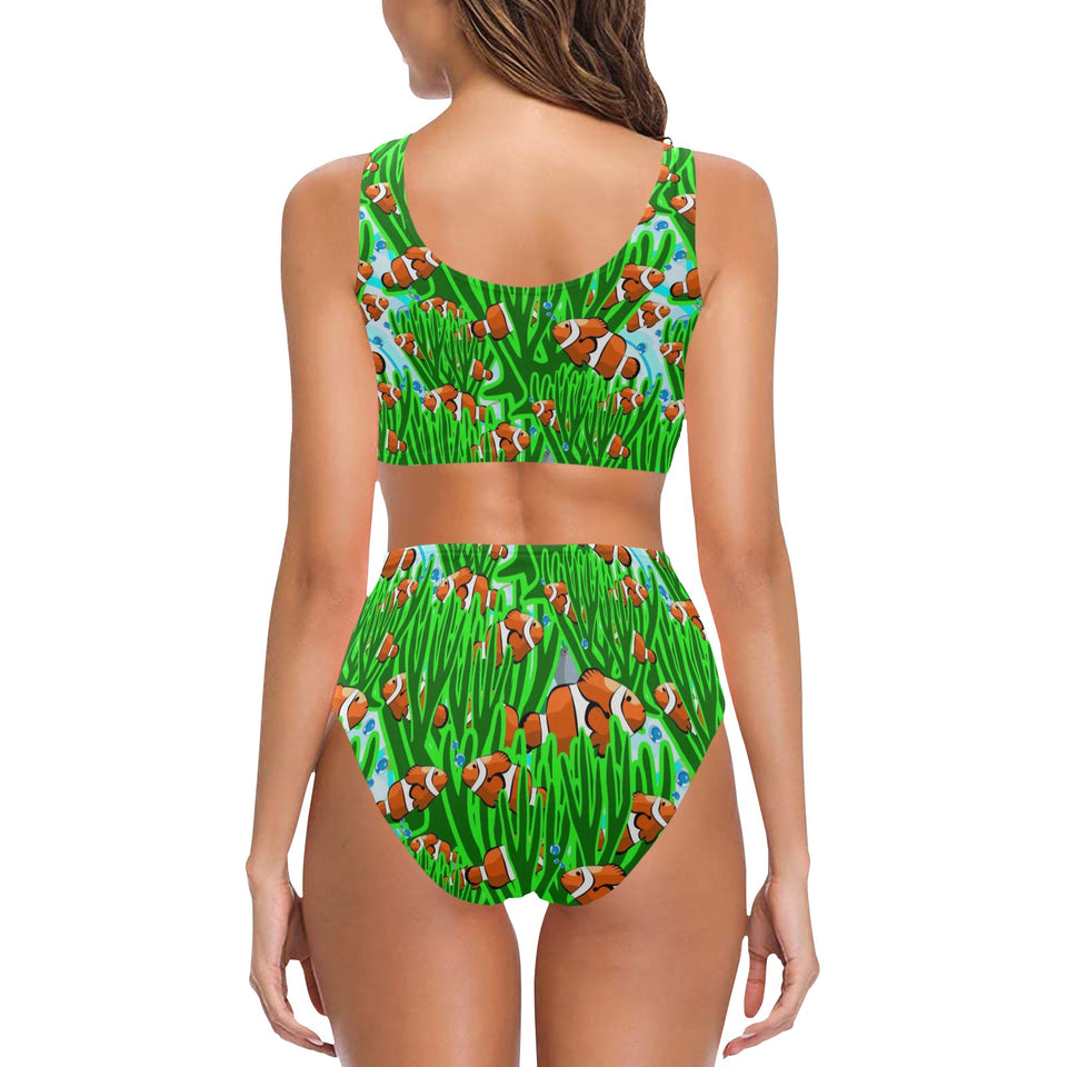 Clown Fish Pattern Print Design 01 Chest Bowknot High Waisted Bikini Swimsuit