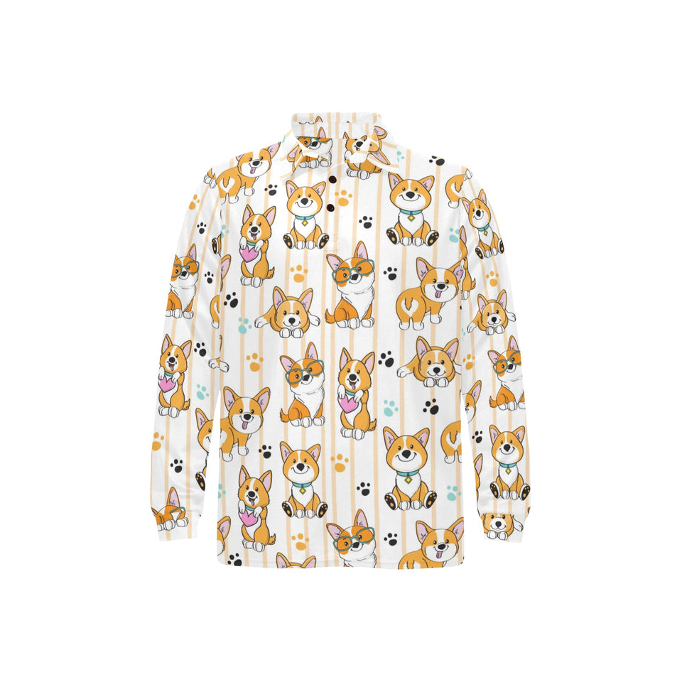 Cute dog corgi striped background pattern Men's Long Sleeve Polo Shirt