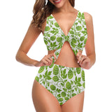 Hop design pattern Chest Bowknot High Waisted Bikini Swimsuit
