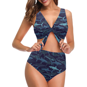 Shark pattern Chest Bowknot High Waisted Bikini Swimsuit