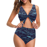 Shark pattern Chest Bowknot High Waisted Bikini Swimsuit