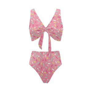 Pink donut glaze candy pattern Chest Bowknot High Waisted Bikini Swimsuit