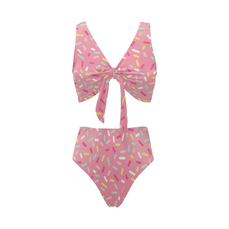Pink donut glaze candy pattern Chest Bowknot High Waisted Bikini Swimsuit