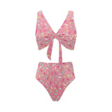 Pink donut glaze candy pattern Chest Bowknot High Waisted Bikini Swimsuit