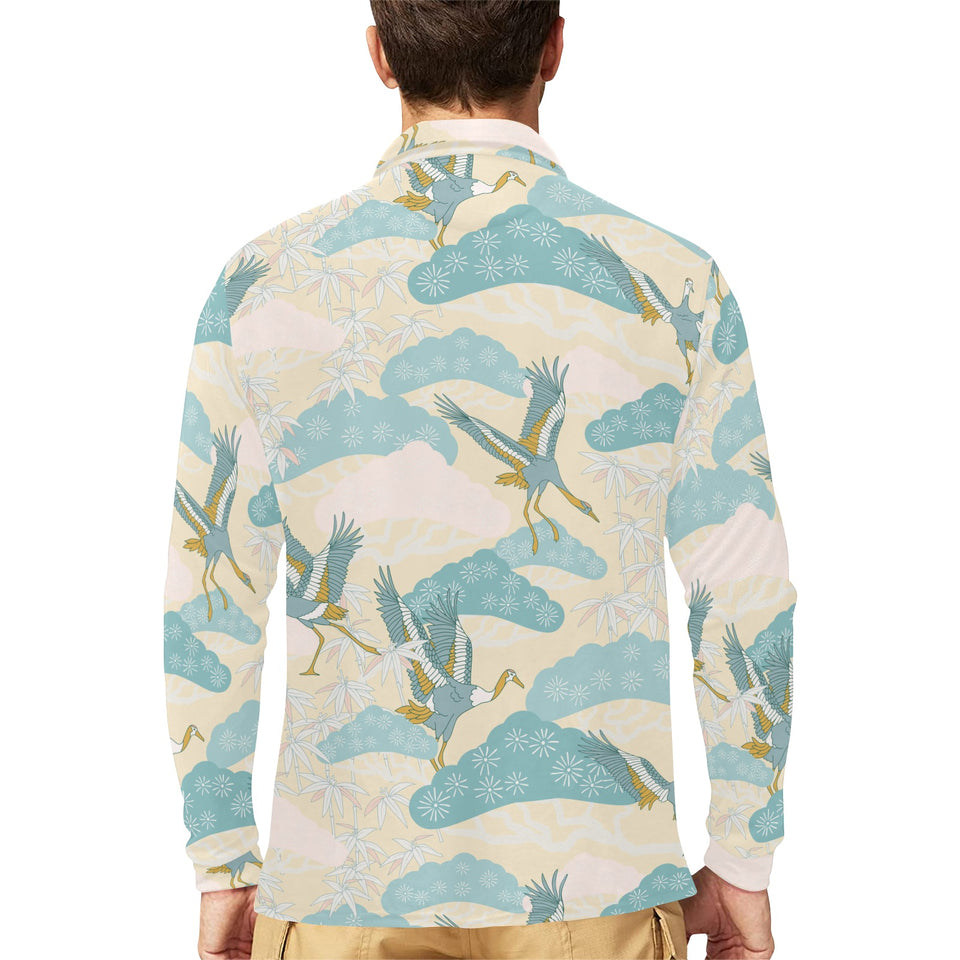 Bonsai bamboo stork japanese pattern cream theme Men's Long Sleeve Polo Shirt