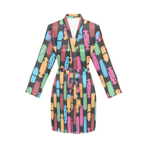 Skate Board Pattern Print Design 02 Women's Long Sleeve Belted Night Robe