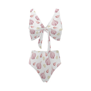 Garlic pattern Chest Bowknot High Waisted Bikini Swimsuit