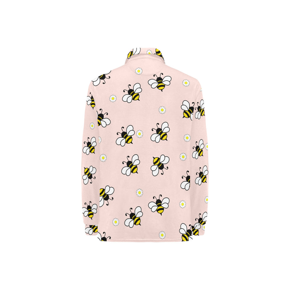 Cute bee flower pattern pink background Women's Long Sleeve Polo Shirt