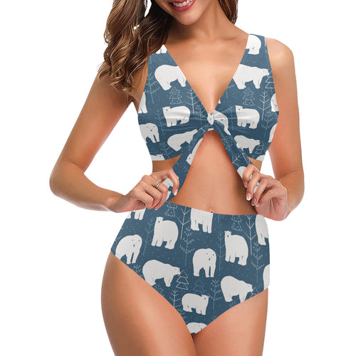 polar bear mother her child pattern Chest Bowknot High Waisted Bikini Swimsuit
