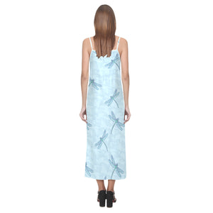Dragonfly pattern blue background V-Neck Open Fork Long Dress