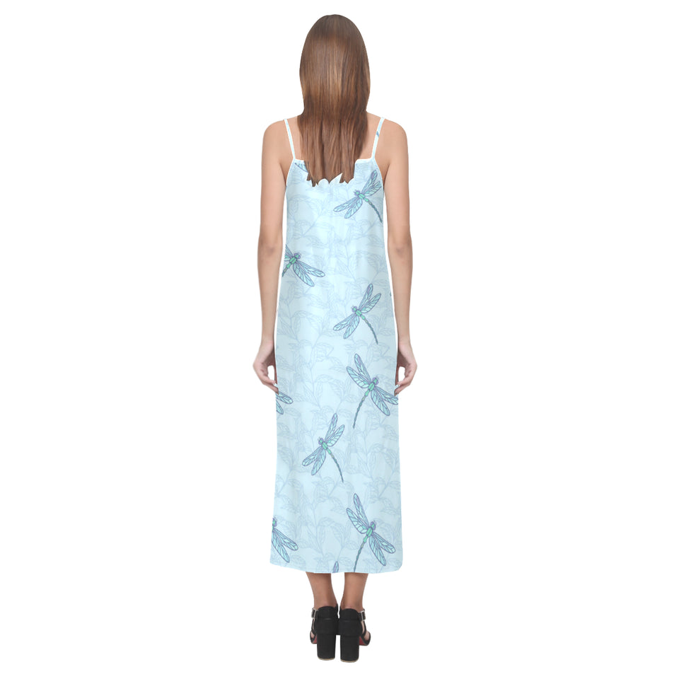 Dragonfly pattern blue background V-Neck Open Fork Long Dress