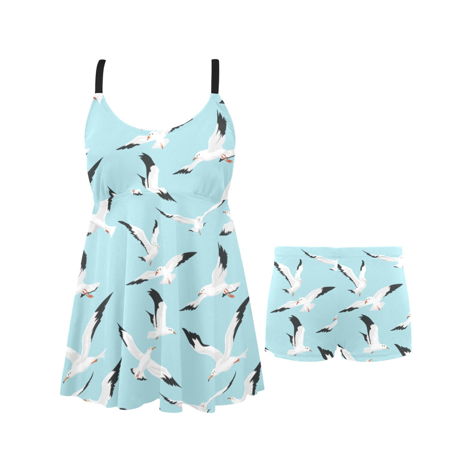 Seagull Pattern Print Design 01 Chest Sexy Pleated Two Piece Swim Dress