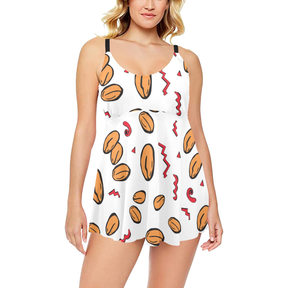 peanuts pattern background Chest Sexy Pleated Two Piece Swim Dress
