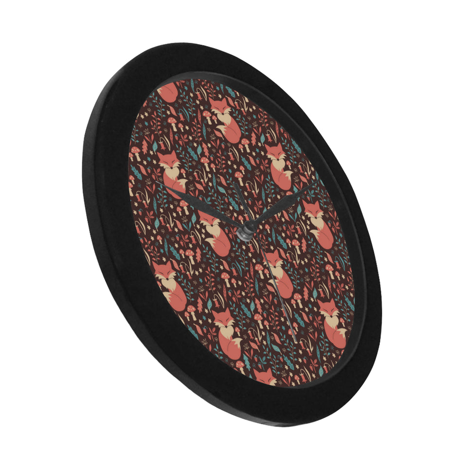 fox leaves mushroom pattern Elegant Black Wall Clock