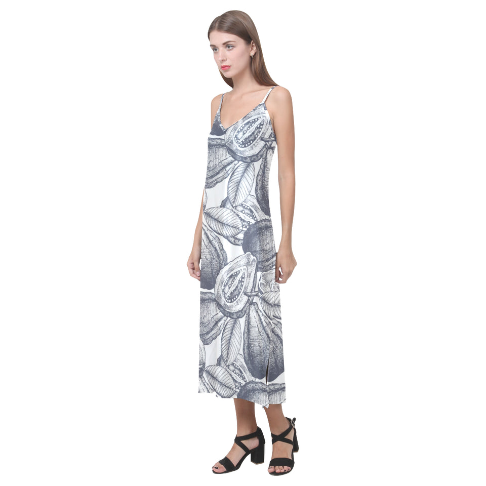 Guava tropical hand drawn pattern V-Neck Open Fork Long Dress