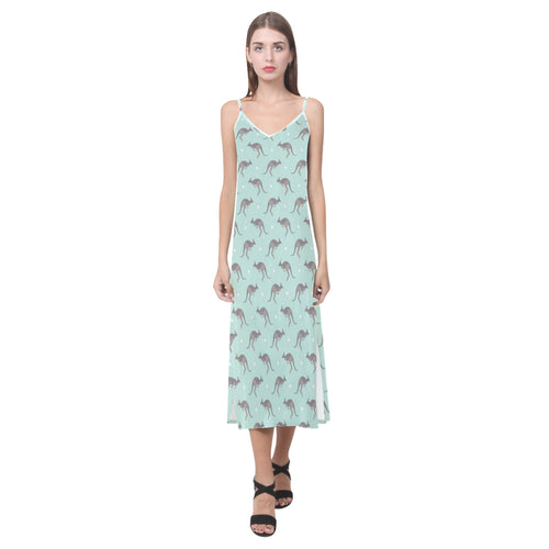 Kangaroo pattern background V-Neck Open Fork Long Dress