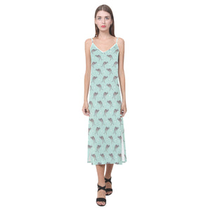 Kangaroo pattern background V-Neck Open Fork Long Dress