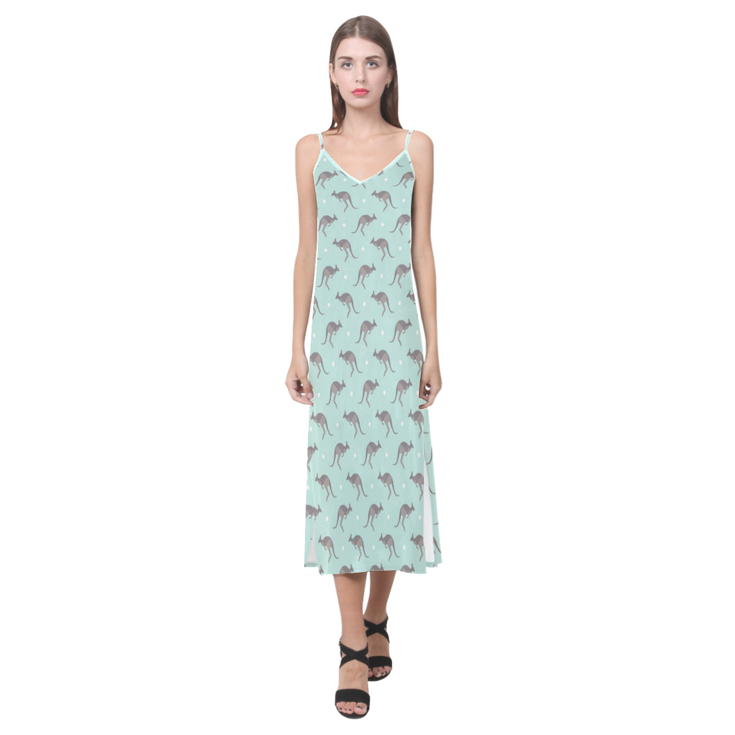 Kangaroo pattern background V-Neck Open Fork Long Dress