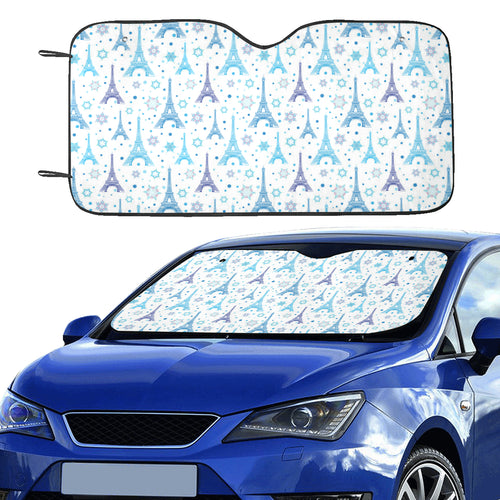 Blue Eiffel Tower Theme Pattern Print Design 01 Car Sun Shade