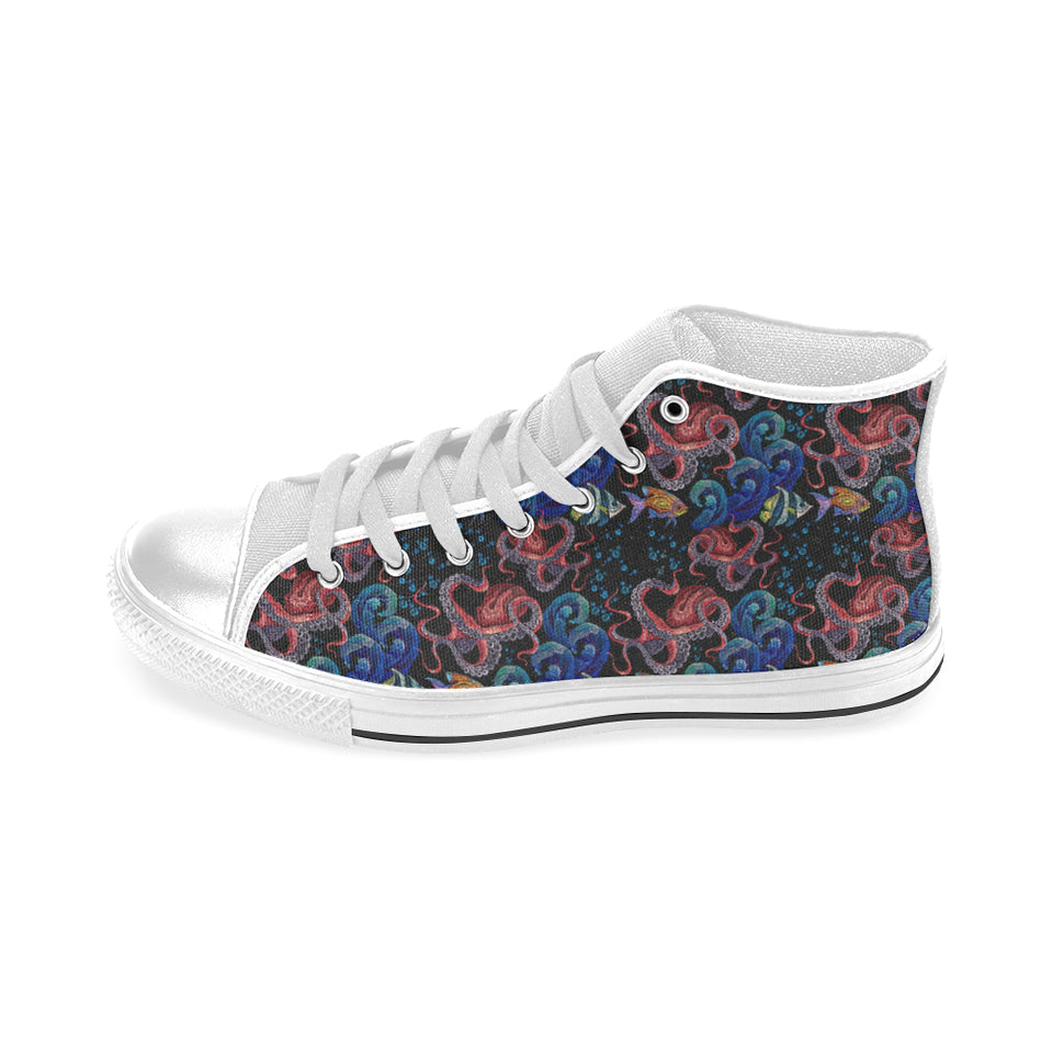 Octopus sea wave tropical fishe pattern Men's High Top Canvas Shoes White