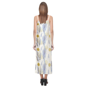 Lavender modern pattern blackground V-Neck Open Fork Long Dress