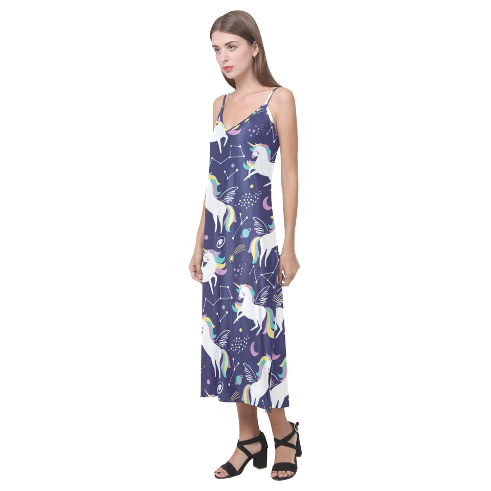 Hand drawn cute unicorn star planet V-Neck Open Fork Long Dress