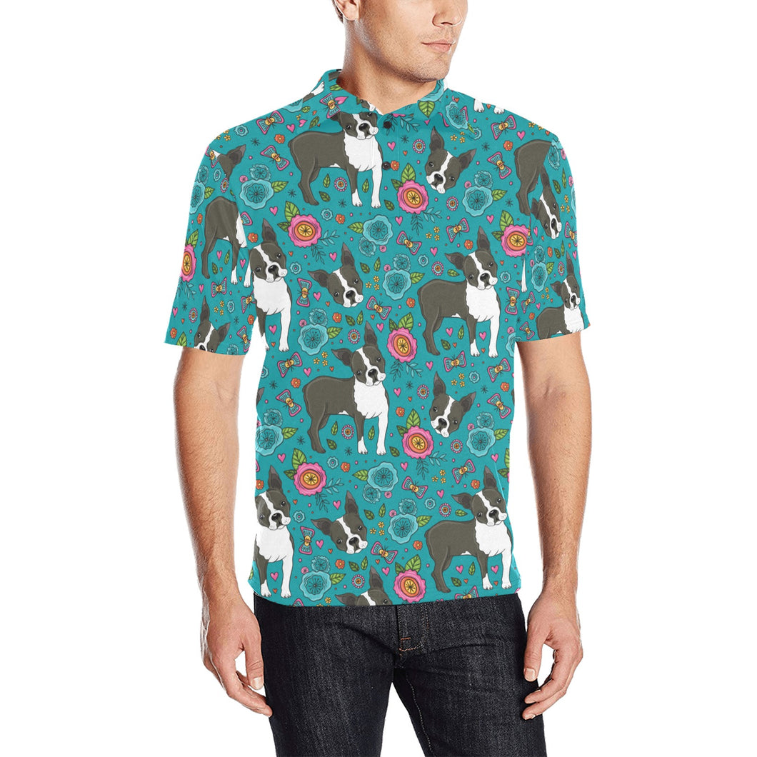 Boston terrier beautiful flower pattern Men's All Over Print Polo Shirt
