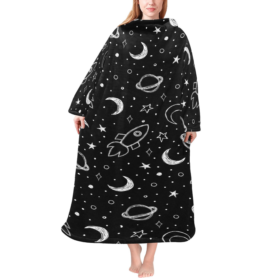 Hand drawn space rocket star planet Blanket Robe with Sleeves