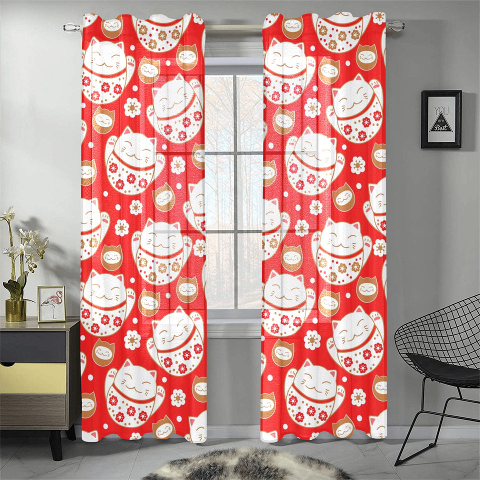 Cute Maneki neko cat red background Gauze Curtain