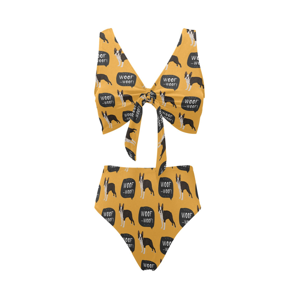 Boston terrier design pattern Chest Bowknot High Waisted Bikini Swimsuit