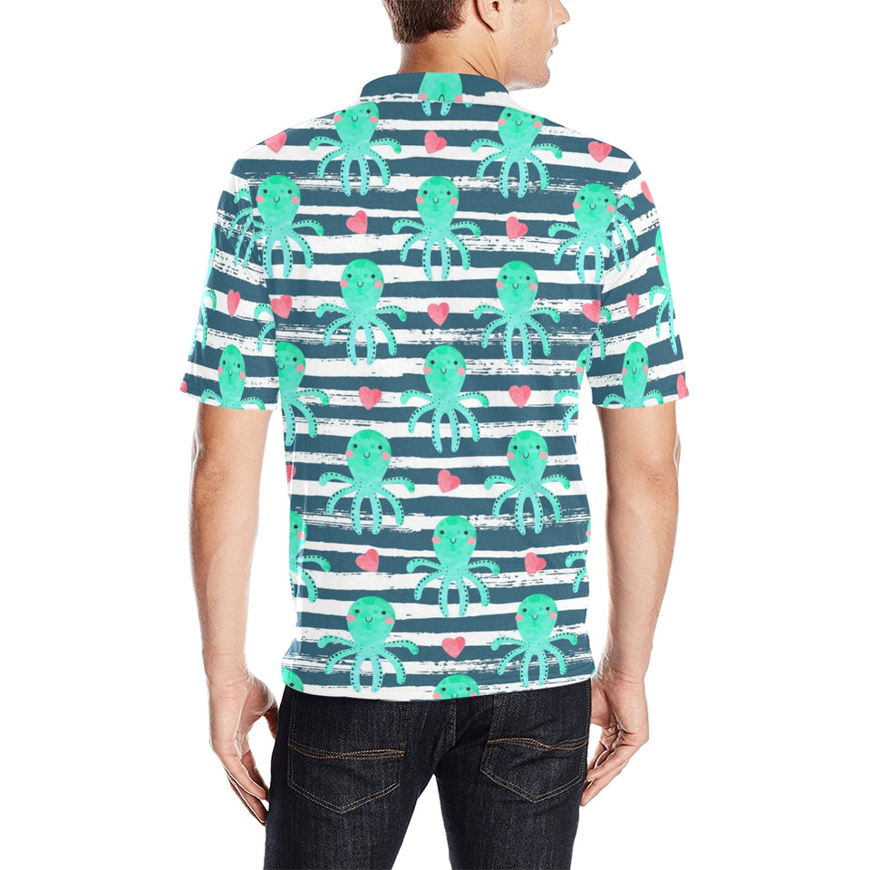 Cute octopuses heart striped background Men's All Over Print Polo Shirt