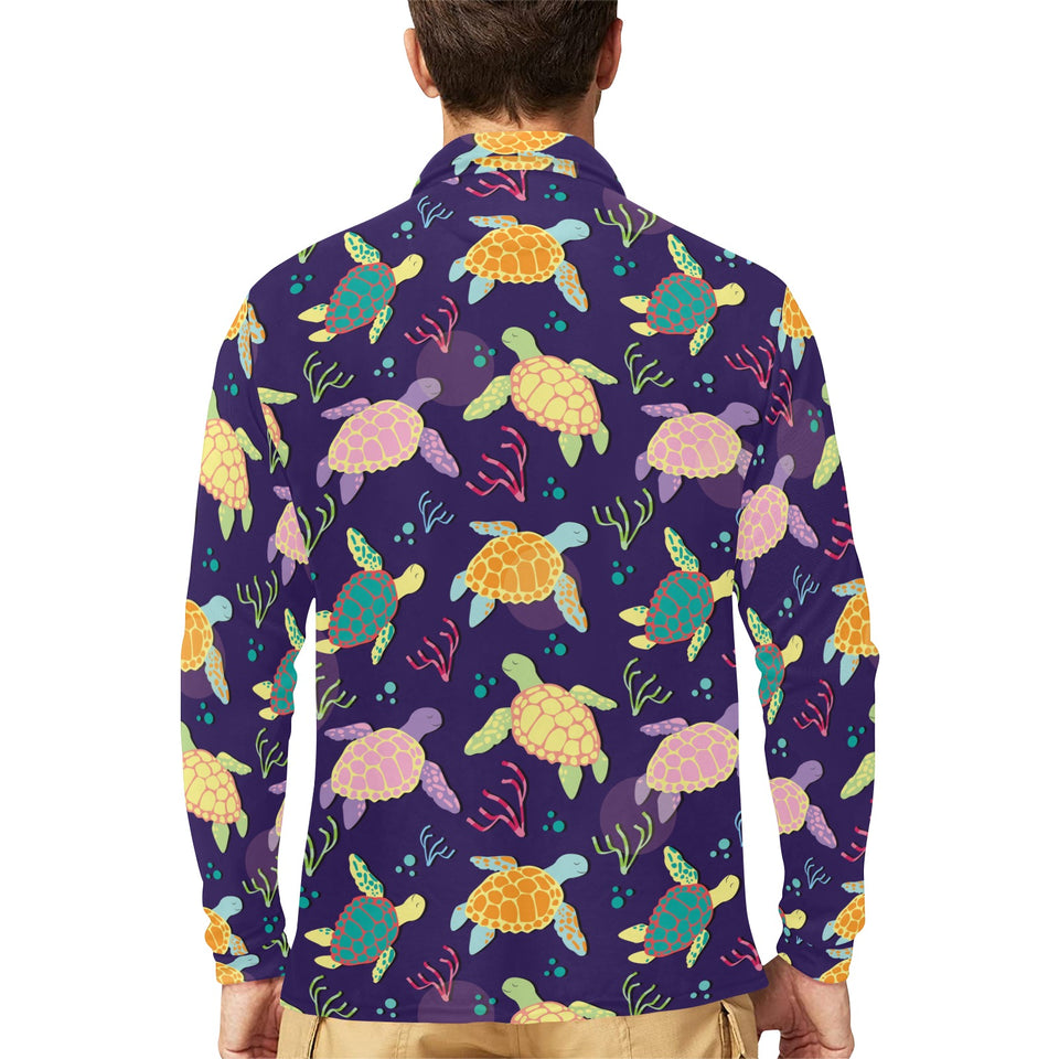 Colorful sea turtle pattern Men's Long Sleeve Polo Shirt