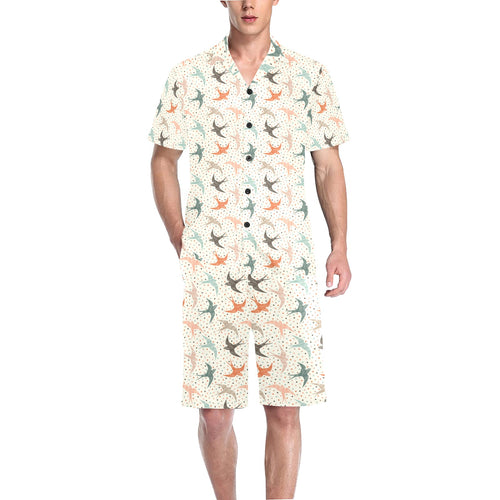 Swallow Pattern Print Design 02 Men's V-Neck Short Pajama Set
