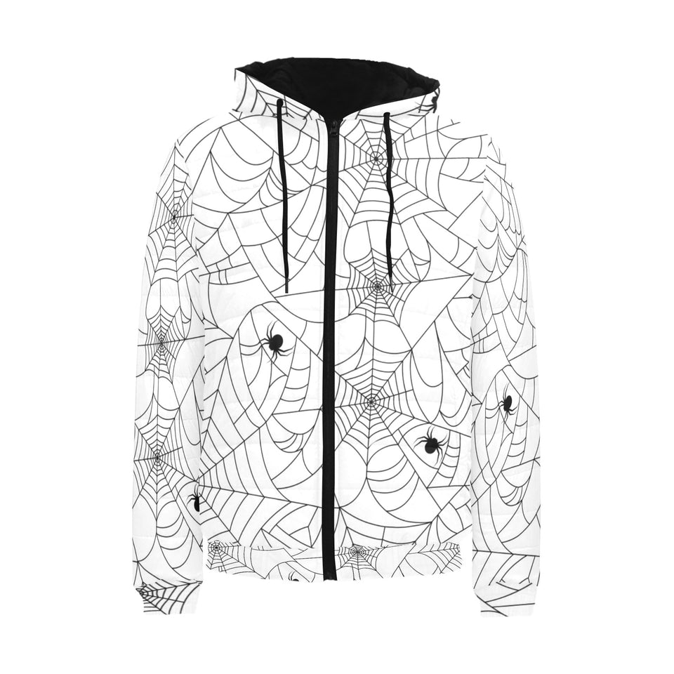 Spider web cobweb pattern white background Men's Padded Hooded Jacket