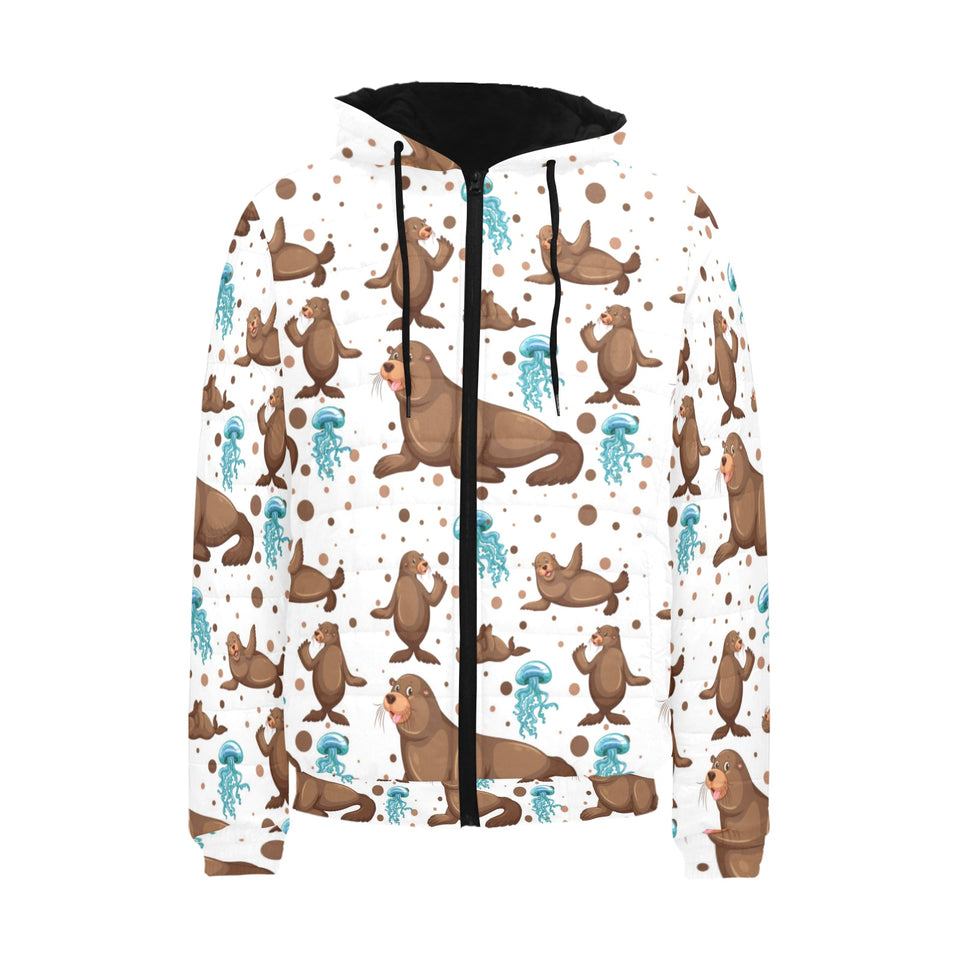 sea lion Seals jellyfish pattern Men's Padded Hooded Jacket