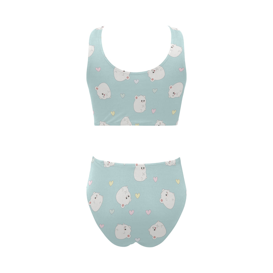 White cute hamsters heart pattern Chest Bowknot High Waisted Bikini Swimsuit