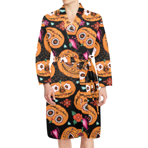 Pumpkin flowers spiderweb Halloween theme Men's Long Sleeve Belted Night Robe