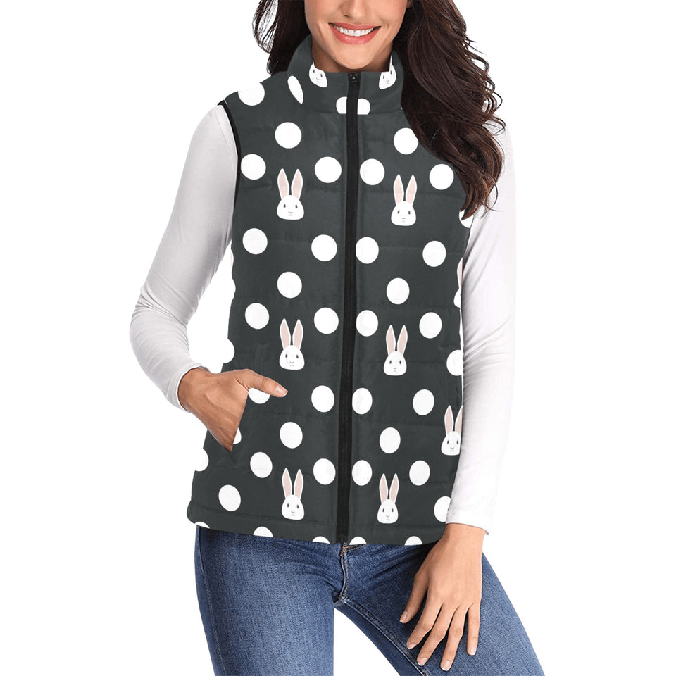 Cute white rabbit polka dots black background Women's Padded Vest